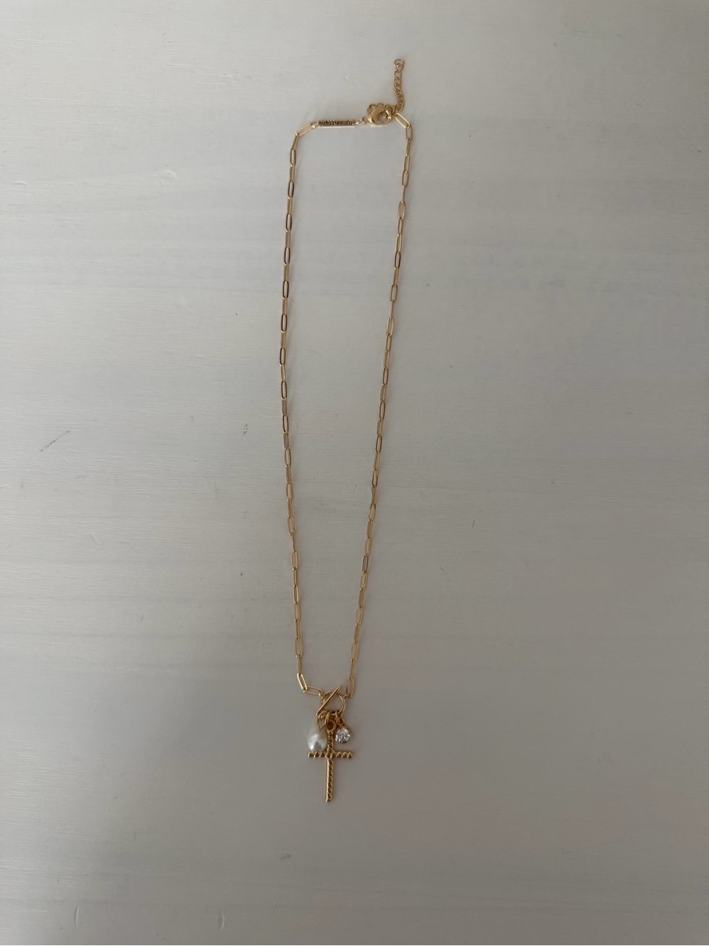 Gold Cross Pendant Necklace with Pearl and Crystal Charms